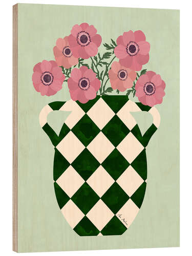 Wood print Checkered vase with anemones