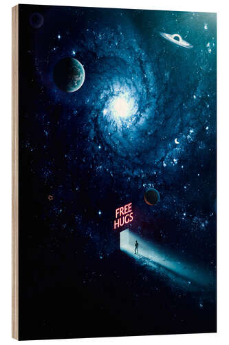 Wood print Free Hugs in Blue Space Galaxy Stars