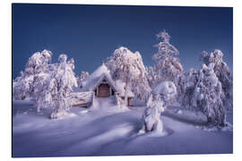 Aluminium print Evening mood at a snow-covered hut