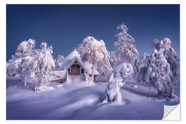 Wall sticker Evening mood at a snow-covered hut