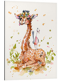 Aluminium print Cute Giraffe With Bird Friend