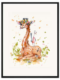 Gerahmter Kunstdruck Süße Giraffe mit Vogelfreundin