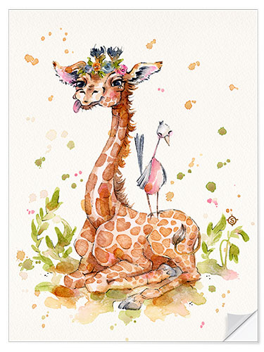 Selvklebende plakat Cute Giraffe With Bird Friend