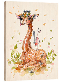 Wood print Cute Giraffe With Bird Friend