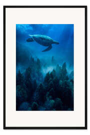Gerahmter Kunstdruck Meeresschildkröte im Unterwasser-Wald