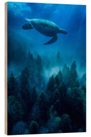 Wood print Sea turtle in the underwater forest