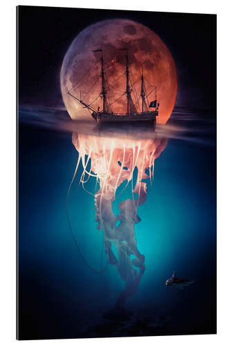 Tableau en plexi-alu Moon jellyfish with pirate ship