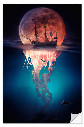 Adesivo murale Moon jellyfish with pirate ship