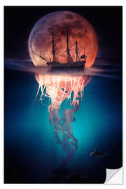 Naklejka na ścianę Moon jellyfish with pirate ship