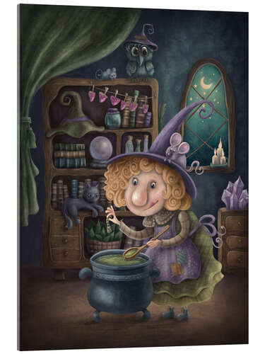 Akrylglastavla Cute witch cooking a potion in a cauldron