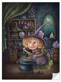 Sticker mural Cute witch cooking a potion in a cauldron