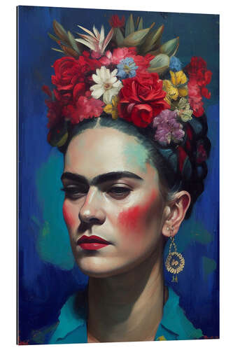 Stampa su plexi-alluminio Frida Kahlo with Flowers