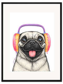 Gerahmter Kunstdruck Mops mit Donut Kopfhörern