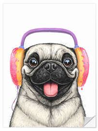 Sisustustarra Pug with donut headphones