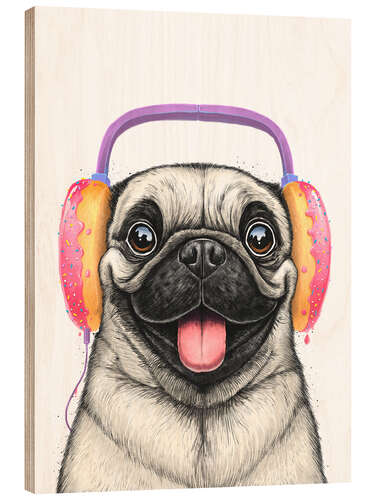 Print på træ Pug with donut headphones