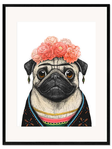 Impressão artística com moldura Pug Frida Kahlo