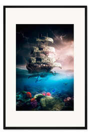 Gerahmter Kunstdruck Tiefsee Krake mit Piratenschiff