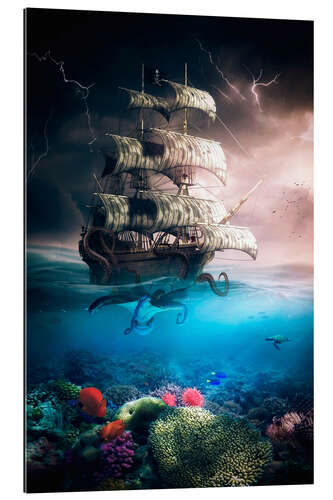 Gallery print Deep sea octopus with pirate ship