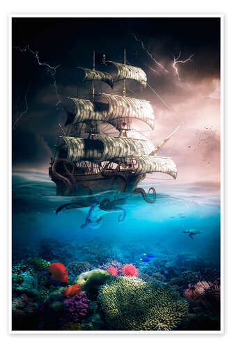 Juliste Deep sea octopus with pirate ship