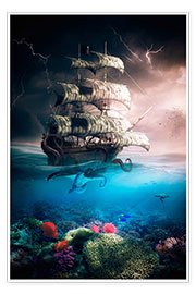 Poster  Deep sea octopus with pirate ship - Gen Z