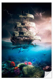 Selvklebende plakat Deep sea octopus with pirate ship