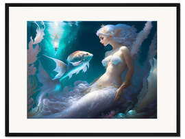 Gerahmter Kunstdruck Meerjungfrau mit Fisch