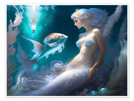Veggbilde  Mermaid with Fish - Elena Dudina