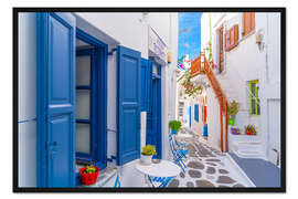 Gerahmter Kunstdruck Typische griechische Straßenszene auf Mykonos