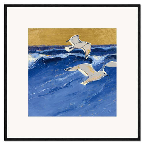 Gerahmter Kunstdruck Möwen mit goldenem Himmel I