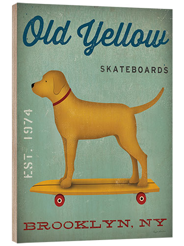 Print på træ Golden Dog on Skateboard