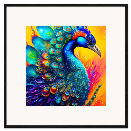 Gerahmter Kunstdruck Fluo Pfau I
