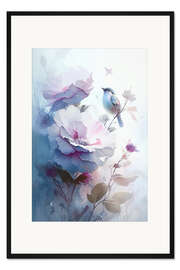 Gerahmter Kunstdruck Blumenaquarell mit Vogel III