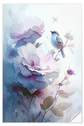 Muursticker Floral watercolor with bird III