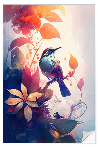 Vinilo para la pared Cute Bird and Tropical Flowers