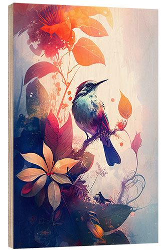 Stampa su legno Cute Bird and Tropical Flowers