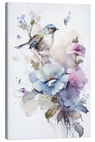 Leinwandbild Blumenaquarell mit Vogel II