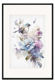 Gerahmter Kunstdruck Blumenaquarell mit Vogel II