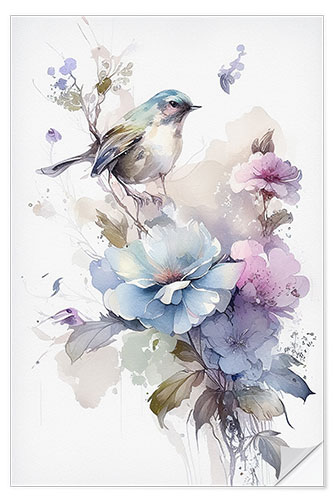 Muursticker Floral watercolour with bird II