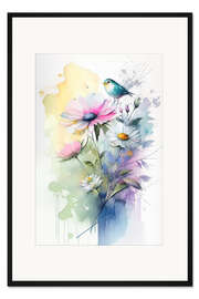 Gerahmter Kunstdruck Blumenaquarell mit Vogel I
