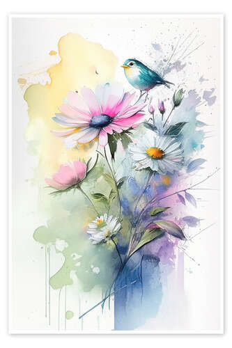 Poster Floral watercolour with bird I