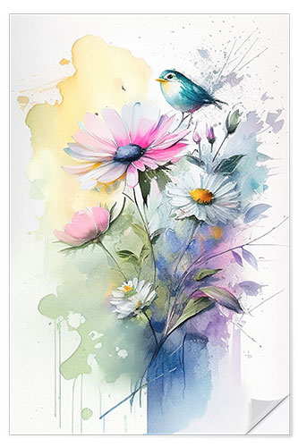 Muursticker Floral watercolour with bird I