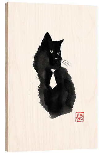 Wood print Black cat with white tie