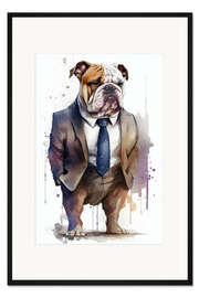 Gerahmter Kunstdruck Bulldogge in Anzug und Krawatte
