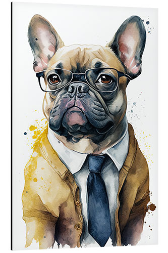 Aluminium print French bulldog wearing glasses, suit and tie