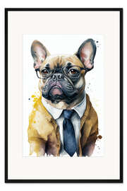 Gerahmter Kunstdruck Französischen Bulldogge mit Brille, Anzug und Krawatte