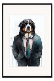 Gerahmter Kunstdruck Berner Sennenhund in Anzug und Krawatte