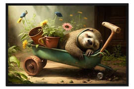 Gerahmter Kunstdruck Faultier bei der Gartenarbeit