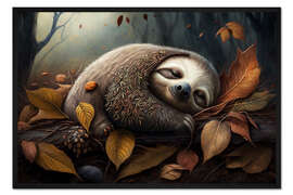 Gerahmter Kunstdruck Faultier im Herbstlaub