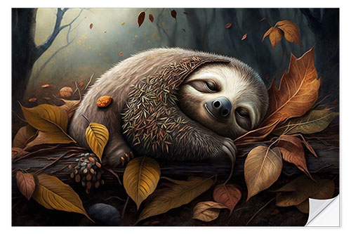 Självhäftande poster Sloth in Autumn Leaves