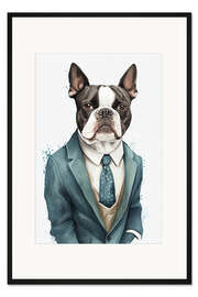 Gerahmter Kunstdruck Boston Terrier in Anzug und Krawatte